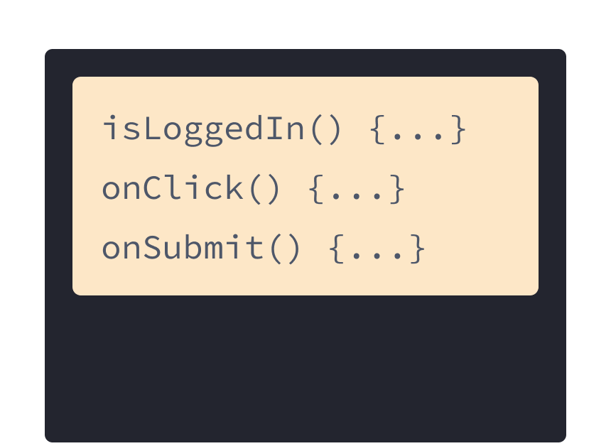 Trois gestionnaires JavaScript sur un fond sable : onSubmit, onLogin et onClick.